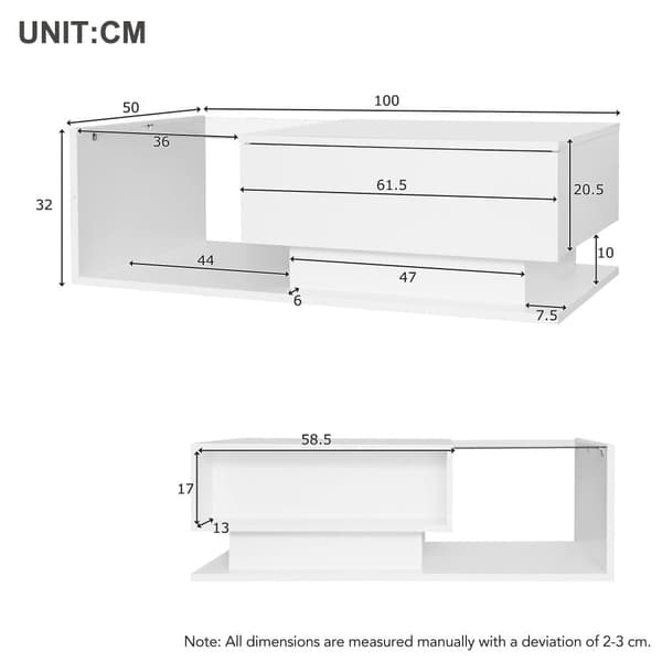 Högblank vit soffbord 100x50x32 cm med glasplatta, låda, LED-belysning, reptålig – modern stil