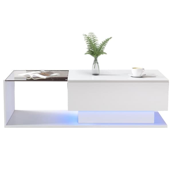 Högblank vit soffbord 100x50x32 cm med glasplatta, låda, LED-belysning, reptålig – modern stil