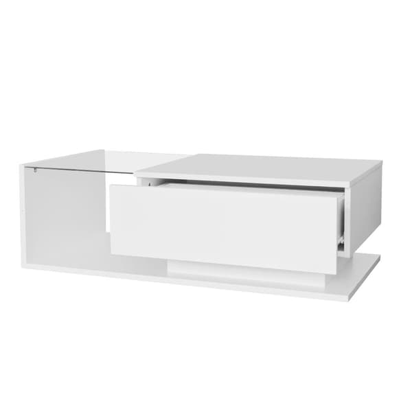 Högblank vit soffbord 100x50x32 cm med glasplatta, låda, LED-belysning, reptålig – modern stil