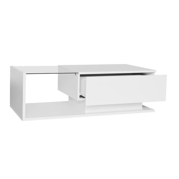Högblank vit soffbord 100x50x32 cm med glasplatta, låda, LED-belysning, reptålig – modern stil