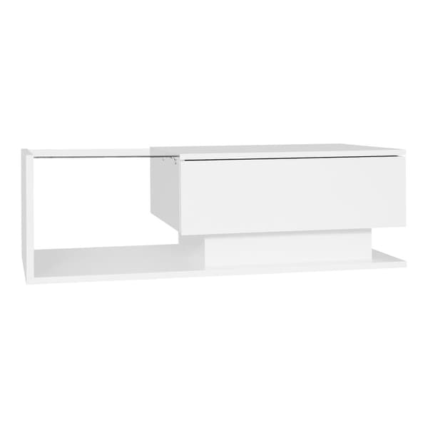 Högblank vit soffbord 100x50x32 cm med glasplatta, låda, LED-belysning, reptålig – modern stil