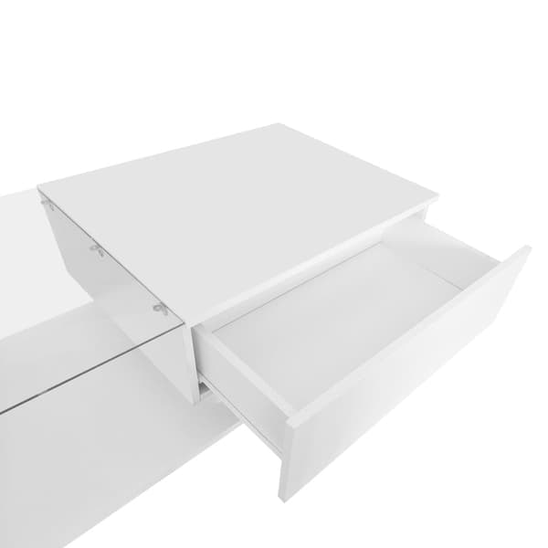 Högblank vit soffbord 100x50x32 cm med glasplatta, låda, LED-belysning, reptålig – modern stil