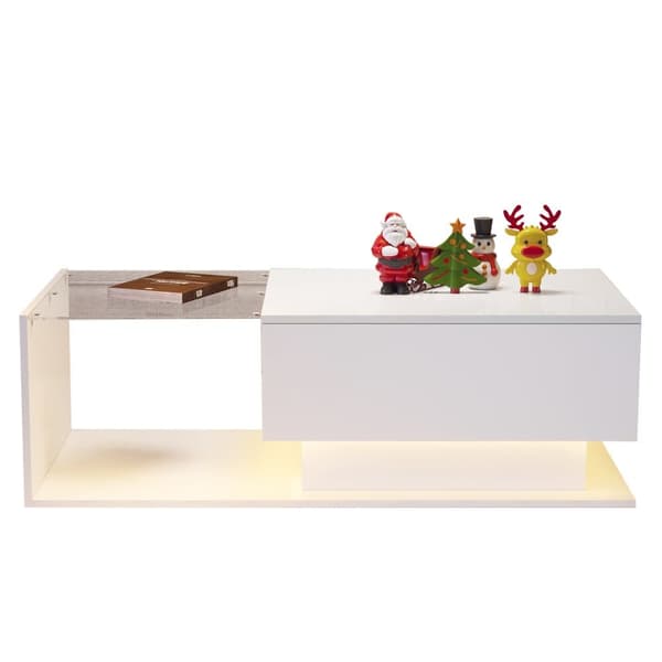 Högblank vit soffbord 100x50x32 cm med glasplatta, låda, LED-belysning, reptålig – modern stil