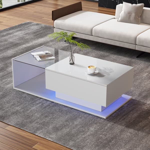 Högblank vit soffbord 100x50x32 cm med glasplatta, låda, LED-belysning, reptålig – modern stil