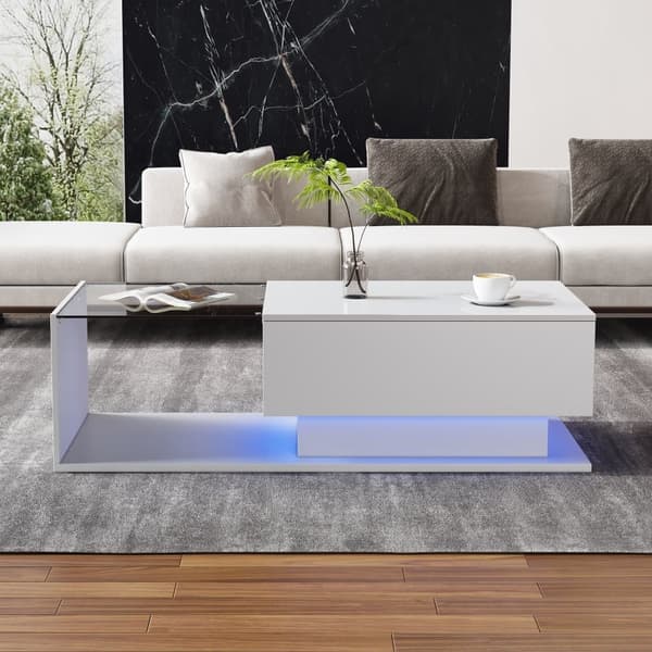 Högblank vit soffbord 100x50x32 cm med glasplatta, låda, LED-belysning, reptålig – modern stil