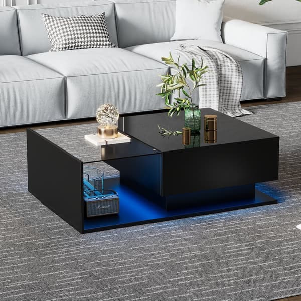 Sofabord i sort højglans 100x50x32 cm med glasplade, skuffe og LED-belysning – ridsefast, moderne stil
