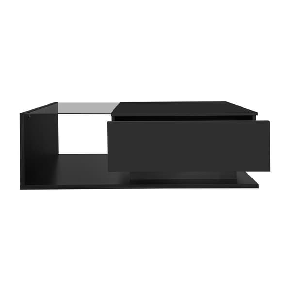 Sofabord i sort højglans 100x50x32 cm med glasplade, skuffe og LED-belysning – ridsefast, moderne stil