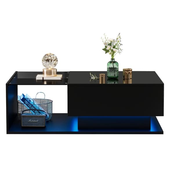 Sofabord i sort højglans 100x50x32 cm med glasplade, skuffe og LED-belysning – ridsefast, moderne stil