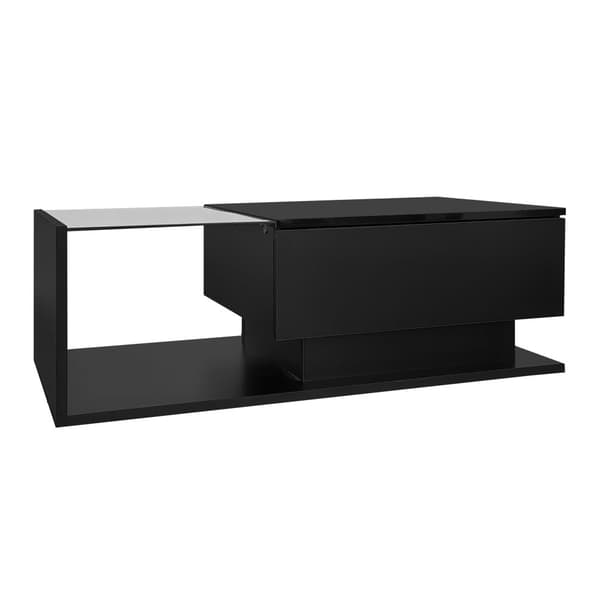 Sofabord i sort højglans 100x50x32 cm med glasplade, skuffe og LED-belysning – ridsefast, moderne stil