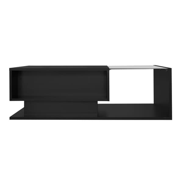 Sofabord i sort højglans 100x50x32 cm med glasplade, skuffe og LED-belysning – ridsefast, moderne stil