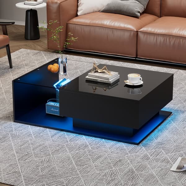 Sofabord i sort højglans 100x50x32 cm med glasplade, skuffe og LED-belysning – ridsefast, moderne stil