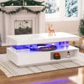 Miniatyrbillede 3 af 11: Hvidt sofabord i højglans 95x50x42,5 cm med 4 glasplader, 2 skuffer og 2 åbne rum – stuebord med opbevaring