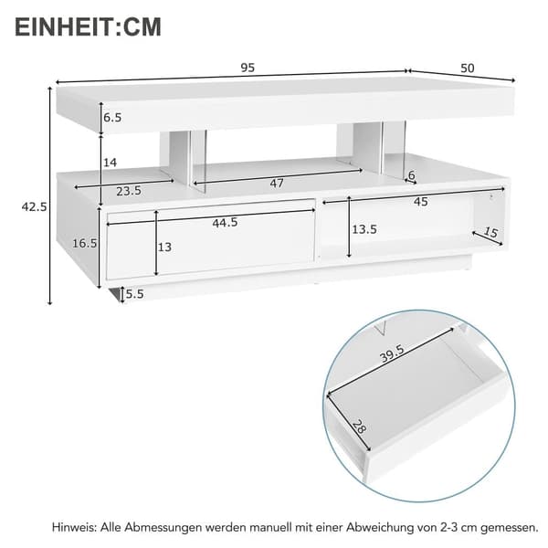 Hvidt sofabord i højglans 95x50x42,5 cm med 4 glasplader, 2 skuffer og 2 åbne rum – stuebord med opbevaring