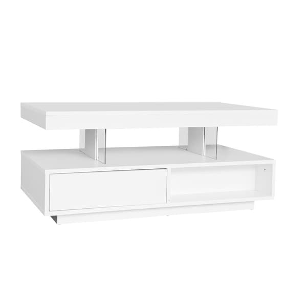 Hvidt sofabord i højglans 95x50x42,5 cm med 4 glasplader, 2 skuffer og 2 åbne rum – stuebord med opbevaring