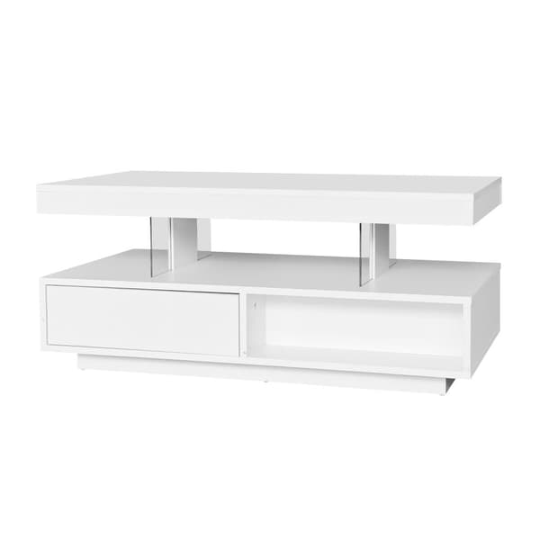 Hvidt sofabord i højglans 95x50x42,5 cm med 4 glasplader, 2 skuffer og 2 åbne rum – stuebord med opbevaring