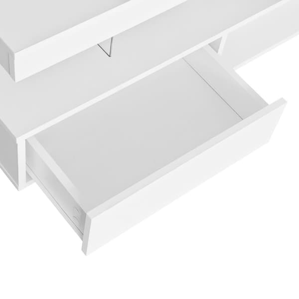 Hvidt sofabord i højglans 95x50x42,5 cm med 4 glasplader, 2 skuffer og 2 åbne rum – stuebord med opbevaring