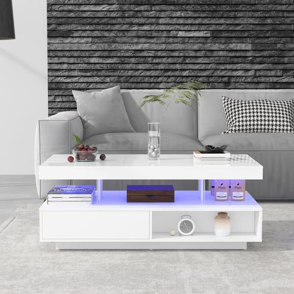 Hvidt sofabord i højglans 95x50x42,5 cm med 4 glasplader, 2 skuffer og 2 åbne rum – stuebord med opbevaring