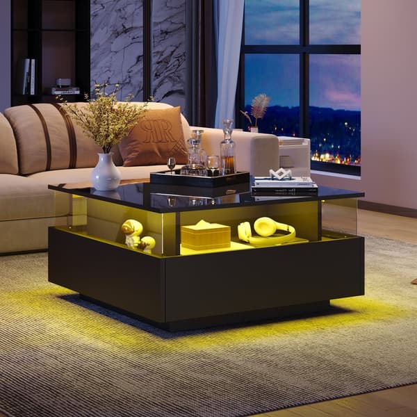 Modernt soffbord i högblank finish 70x70x41 cm med LED-belysning, 2 lådor och transparent visningsyta – maxbelastning 30 kg