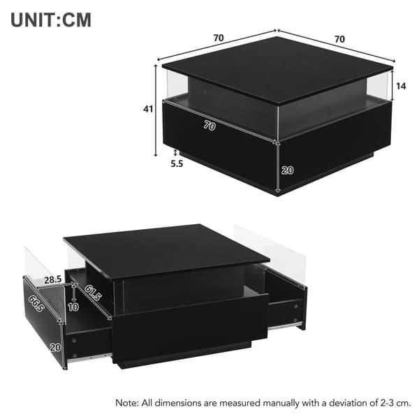 Modernt soffbord i högblank finish 70x70x41 cm med LED-belysning, 2 lådor och transparent visningsyta – maxbelastning 30 kg