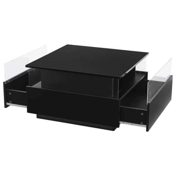 Modernt soffbord i högblank finish 70x70x41 cm med LED-belysning, 2 lådor och transparent visningsyta – maxbelastning 30 kg