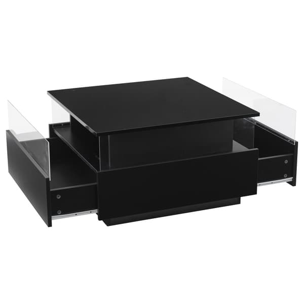 Modernt soffbord i högblank finish 70x70x41 cm med LED-belysning, 2 lådor och transparent visningsyta – maxbelastning 30 kg