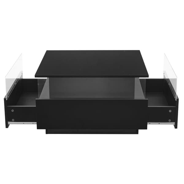 Modernt soffbord i högblank finish 70x70x41 cm med LED-belysning, 2 lådor och transparent visningsyta – maxbelastning 30 kg