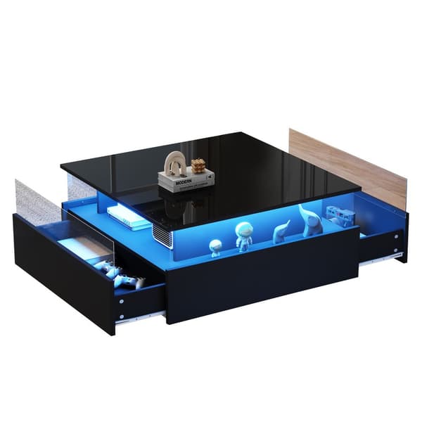 Modernt soffbord i högblank finish 70x70x41 cm med LED-belysning, 2 lådor och transparent visningsyta – maxbelastning 30 kg