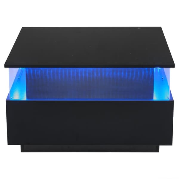 Modernt soffbord i högblank finish 70x70x41 cm med LED-belysning, 2 lådor och transparent visningsyta – maxbelastning 30 kg
