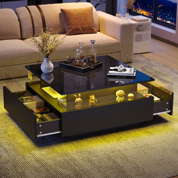 Modernt soffbord i högblank finish 70x70x41 cm med LED-belysning, 2 lådor och transparent visningsyta – maxbelastning 30 kg
