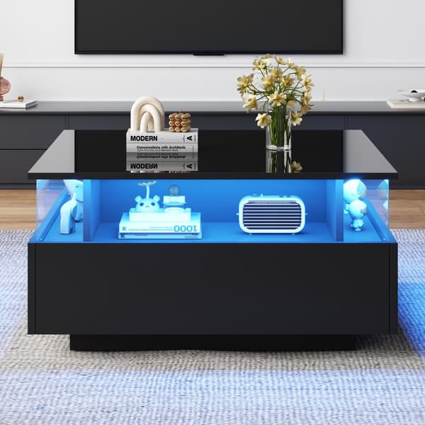 Modernt soffbord i högblank finish 70x70x41 cm med LED-belysning, 2 lådor och transparent visningsyta – maxbelastning 30 kg
