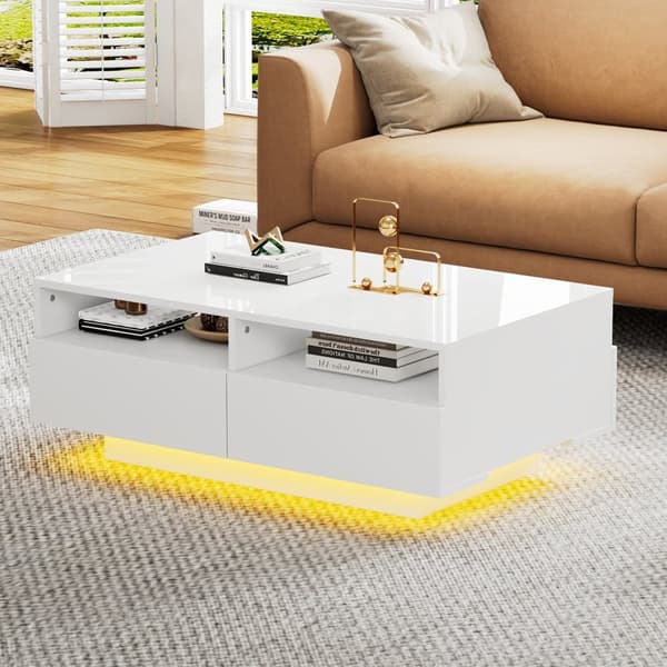 Moderne sofabord - med variabel LED og 2 skuffer - hvid