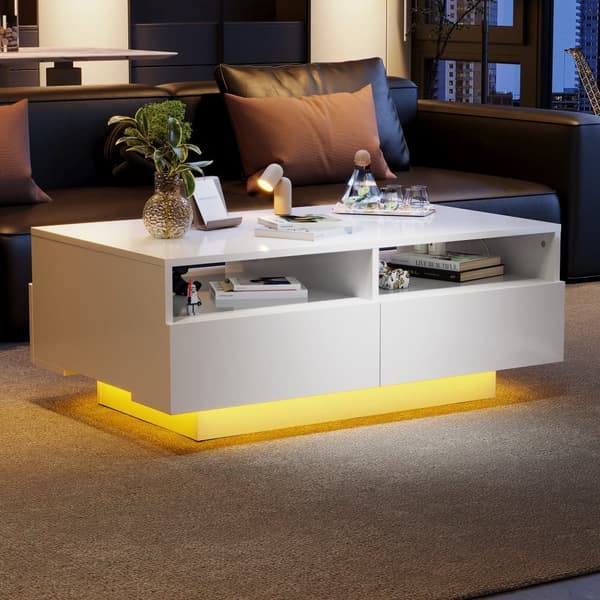 Moderne sofabord - med variabel LED og 2 skuffer - hvid