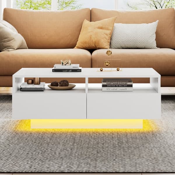 Moderne sofabord - med variabel LED og 2 skuffer - hvid