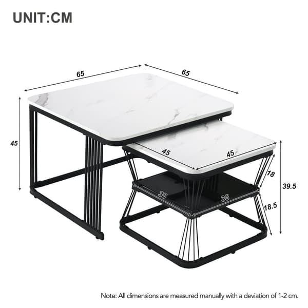 2-pack moderna sidobord i marmorlook – MDF och vit/svart stål, 65x65x45 cm & 45x45x39,5 cm