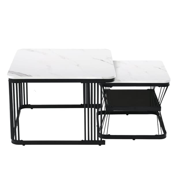 2-pack moderna sidobord i marmorlook – MDF och vit/svart stål, 65x65x45 cm & 45x45x39,5 cm