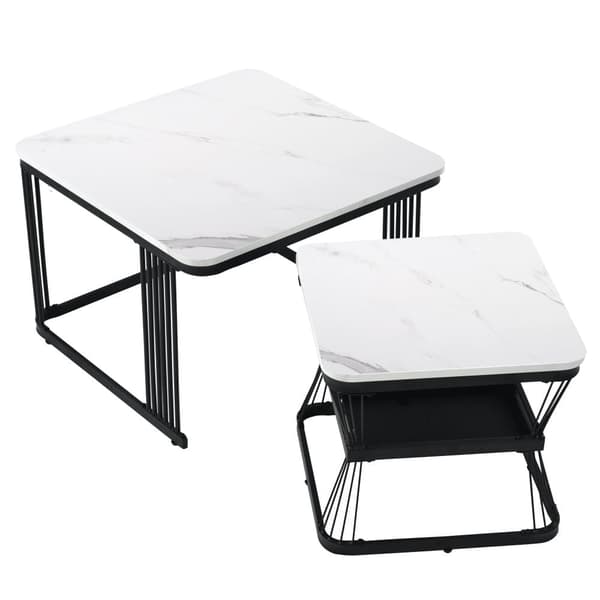 2-pack moderna sidobord i marmorlook – MDF och vit/svart stål, 65x65x45 cm & 45x45x39,5 cm