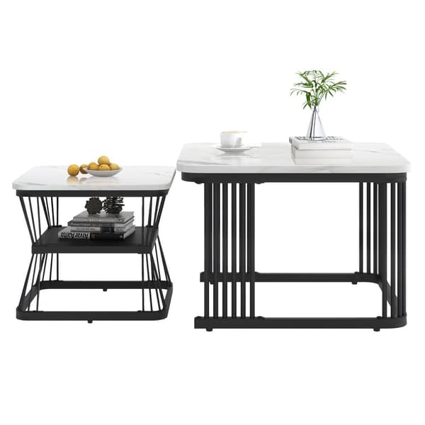 2-pack moderna sidobord i marmorlook – MDF och vit/svart stål, 65x65x45 cm & 45x45x39,5 cm