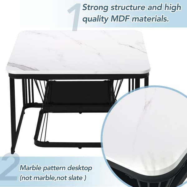 2-pack moderna sidobord i marmorlook – MDF och vit/svart stål, 65x65x45 cm & 45x45x39,5 cm