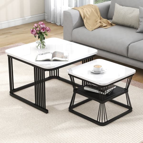 2-pack moderna sidobord i marmorlook – MDF och vit/svart stål, 65x65x45 cm & 45x45x39,5 cm