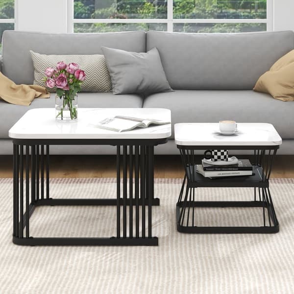 2-pack moderna sidobord i marmorlook – MDF och vit/svart stål, 65x65x45 cm & 45x45x39,5 cm