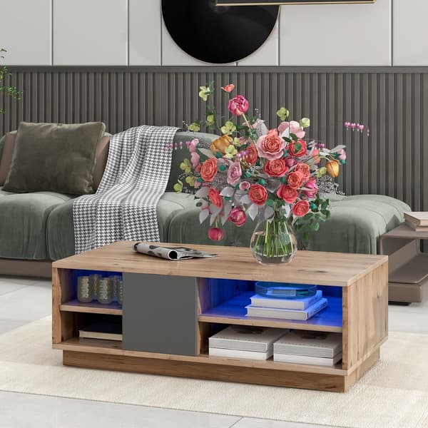 Soffbord i trälook med LED-belysning och fjärrkontroll – Vardagsrumsbord i log style med stort förvaringsutrymme