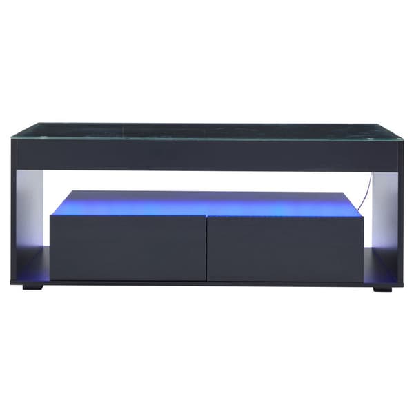 Modern soffbord i svart högglans med LED-belysning – 2 stora lådor, rektangulärt glasbord med dubbel nivå för vardagsrum