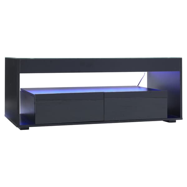 Modern soffbord i svart högglans med LED-belysning – 2 stora lådor, rektangulärt glasbord med dubbel nivå för vardagsrum