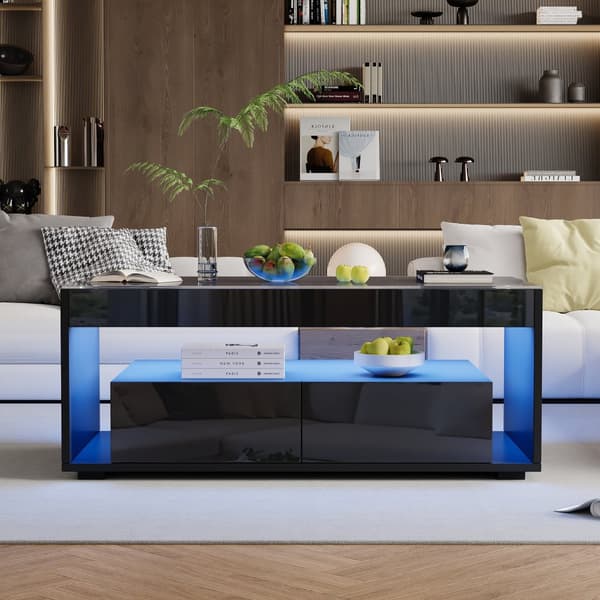Modern soffbord i svart högglans med LED-belysning – 2 stora lådor, rektangulärt glasbord med dubbel nivå för vardagsrum