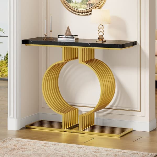 Sofabord i sort højglans 100×30×80 cm – moderne konsol eller sidebord med gylden bund, dobbelt monteringsmuligheder til stuen