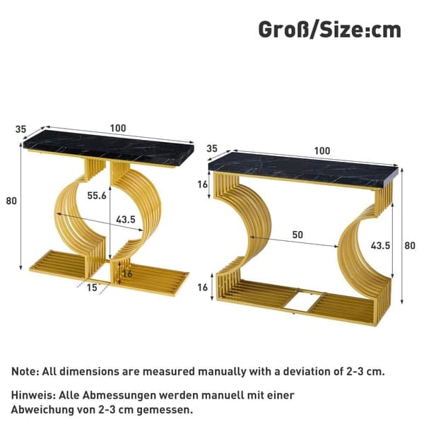 Sofabord i sort højglans 100×30×80 cm – moderne konsol eller sidebord med gylden bund, dobbelt monteringsmuligheder til stuen