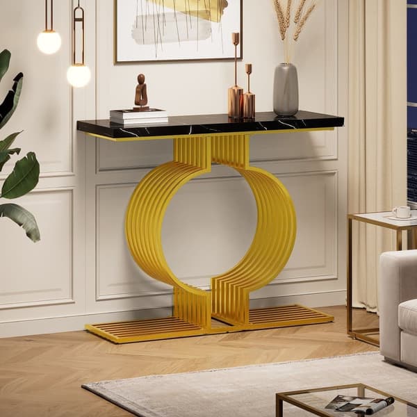 Sofabord i sort højglans 100×30×80 cm – moderne konsol eller sidebord med gylden bund, dobbelt monteringsmuligheder til stuen