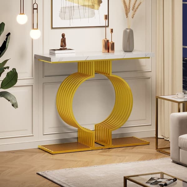 Soffbord i vit högglans 100×30×80 cm – modernt sidobord med gyllene bas, två monteringsalternativ, perfekt för vardagsrum eller hall