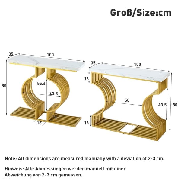 Soffbord i vit högglans 100×30×80 cm – modernt sidobord med gyllene bas, två monteringsalternativ, perfekt för vardagsrum eller hall