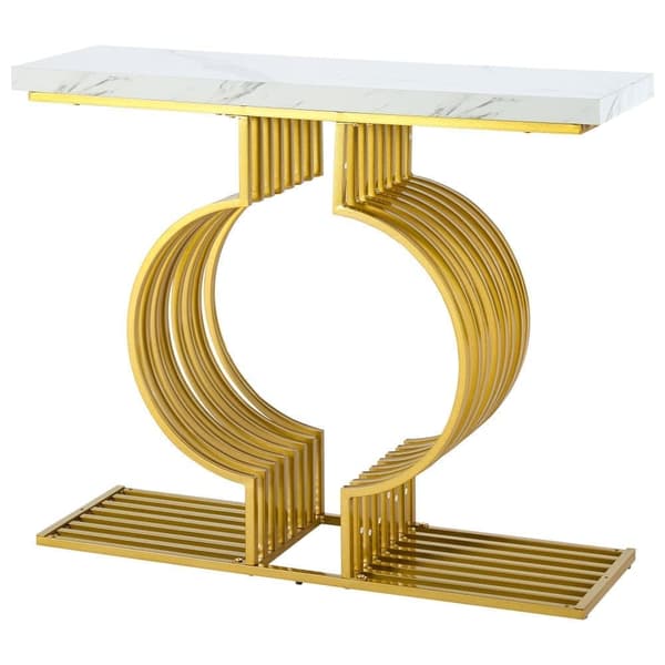 Soffbord i vit högglans 100×30×80 cm – modernt sidobord med gyllene bas, två monteringsalternativ, perfekt för vardagsrum eller hall